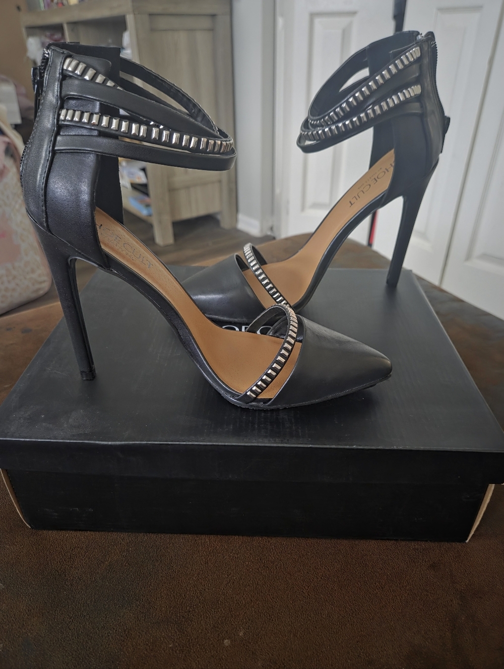 Nasty Gal Black Studded Ankle-Strap Pointed Toe Heels Sz 9 NEW